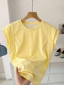 Camiseta sin mangas de mujer de cuello redondo blanca de doble capa con hombros anchos, adecuada para uso casual diario, primavera/verano - Multicolor - Ver 1