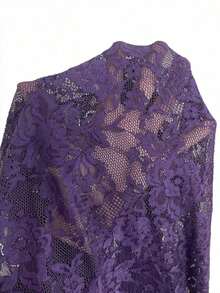Blusa de manga larga con cuello en V profundo, transparente y con detalles de encaje negro para mujeres - Morado - Ver 7