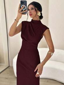 Vestido largo de mujer elegante y casual para uso diario, viajes y moda, con cuello mao, mangas drapeadas y cintura ceñida en color albaricoque - Burdeos - Ver 9