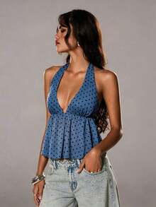 Elegante top de tirantes con escote en V y estampado de lunares para mujer, primavera/verano - Azul - Ver 5