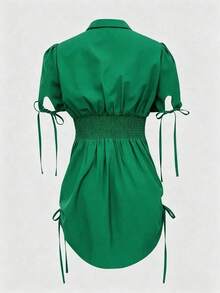 Camisa negra elegante de manga corta con botones y cintura elástica - Adecuada para ocasiones casuales y formales, uso casual| Estilo refinado| Camisa de manga corta de verano - Verde - Ver 6