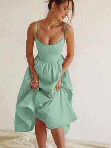 Vestido de fiesta elegante de verano con cuello en U, drapeado y bajo acampanado de unicolor - Verde - Ver 1