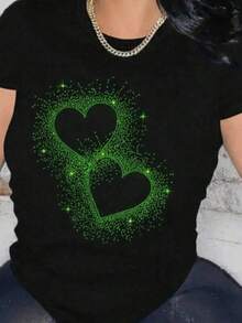New 2026 Playera con diseño de corazones brillantes en color verde, estampado, casual de mujer, cuello redondo, manga corta, ideal para todos los días, llamativa, moderna, holgada, ideal para tí. - Negro - Ver 6
