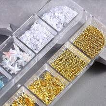 12格金色海洋主題美甲裝飾，含3D金色珠飾、白色與米色水鑽、貝殼合金鉚釘、海星與貝殼混搭設計，海洋主題美甲DIY配件美甲飾品 - 彩色 - 查看 3