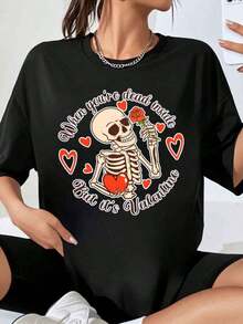 Women's Valentine's Day T-Shirt With Skeleton, Roses, And Hearts Design, Casual Valentine's Day Gift T-Shirt, Fashionable Wearable Art - 黑色 - 查看 7