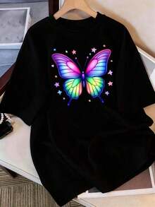 Women's Summer T-Shirt, 100% Cotton Crew Neck, Colorful Butterfly Print, Casual Daily Wear, Breathable And Lightweight, Casual Top For Women | Women's Summer Tops 100% Cotton - 黑色 - 查看 6