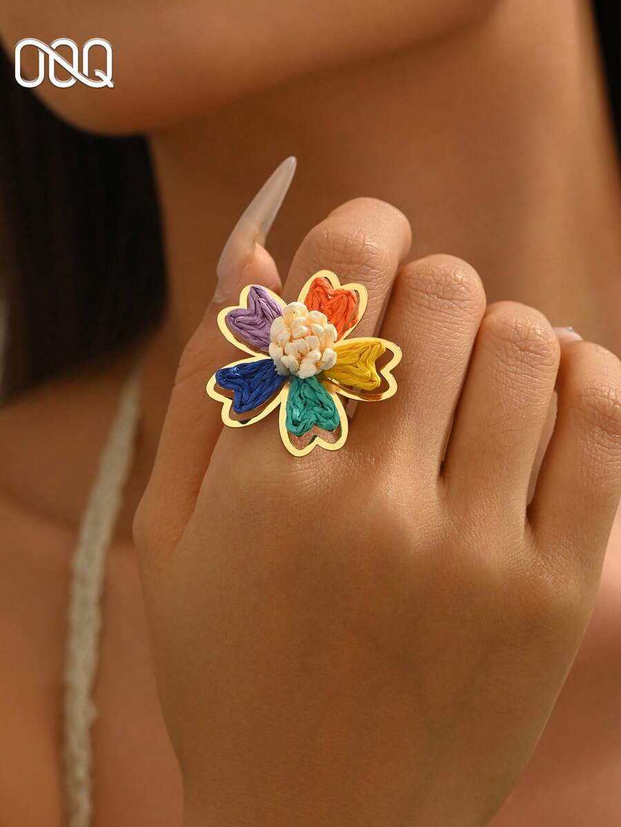 OOQ 1pc Vacation Style Five-Petal Raffia Flower Open Ring, Adjustable Size Portable Colorful Floral Ring For Women, Bridesmaid Gift, Friend Gift (Handmade Raffia Weaving, Shape & Direction Random) - Color - View 1