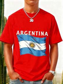Black T-Shirt With Argentine Flag Print And "Argentina" Text For Men. Ideal For Sporting Events And National Holidays. Great Gift Idea. Women's T-Shirt. Elegant. Bohemian Style. Soft, Breathable, And Comfortable Garment, Perfect For Spring, Summer, And Fall; Ideal For Vacations, Travel, And Everyday Wear. Perfect For Watching A Game. - 紅色的 - 查看 1