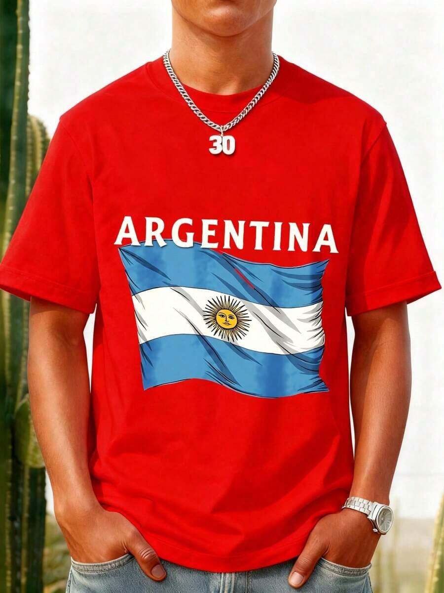 Black T-Shirt With Argentine Flag Print And "Argentina" Text For Men. Ideal For Sporting Events And National Holidays. Great Gift Idea. Women's T-Shirt. Elegant. Bohemian Style. Soft, Breathable, And Comfortable Garment, Perfect For Spring, Summer, And Fall; Ideal For Vacations, Travel, And Everyday Wear. Perfect For Watching A Game. - 紅色的 - 查看 1