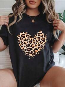 Women's Casual Short Sleeve T-Shirt - Heart Print Leopard Design On White T-Shirt, Round Neck, Summer Top, Machine Washable, Ladies' T-Shirts, Casual Wear, Modern Style, Comfortable Fit

-White - 黑色 - 查看 7