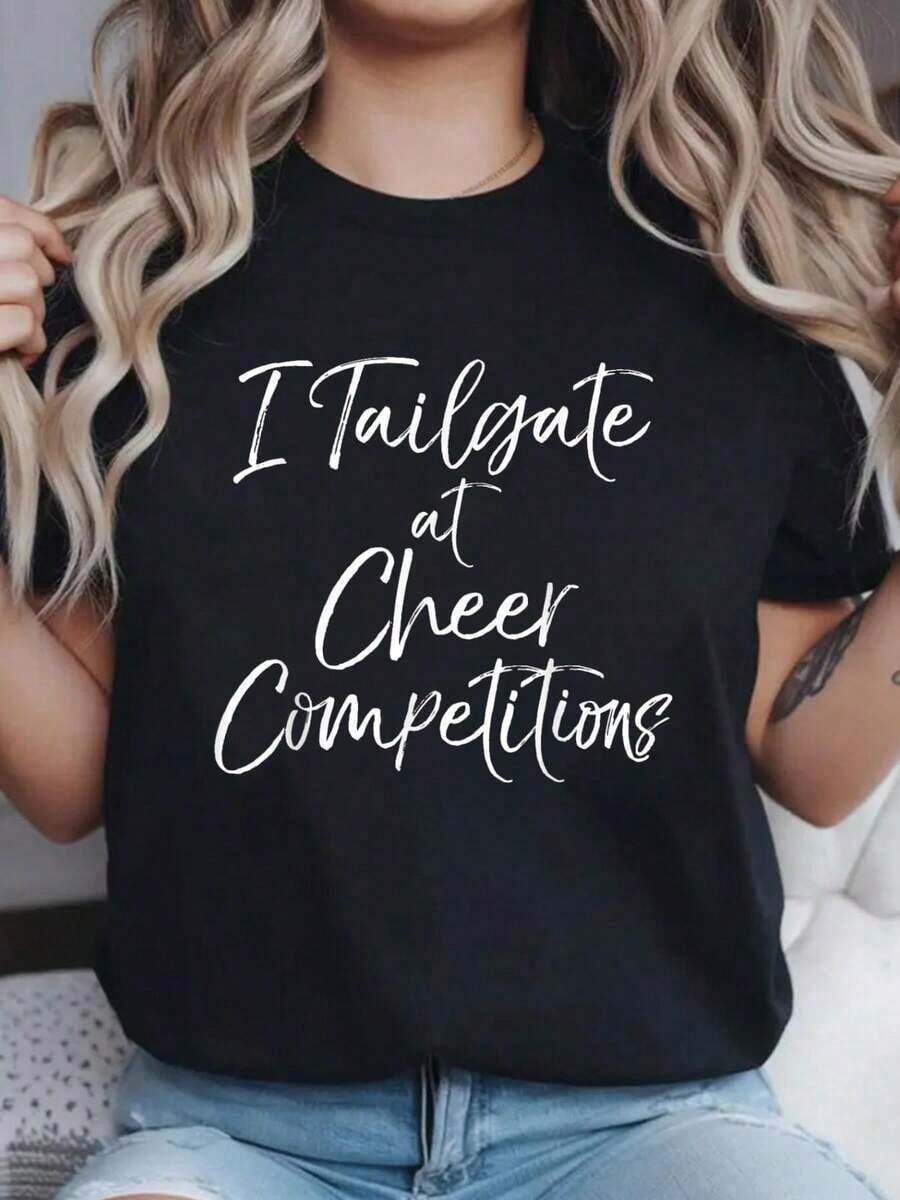 Camiseta con estampado de competiciones de animación para padres, para fiestas de pre-partido, informal, de cuello redondo, manga corta, cómoda, para primavera y verano, ropa de mujer. - Negro - Ver 1