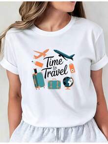 Limited Edition T-Shirt With Time Travel Print, Short Sleeve, Round Neck, Casual Top For Spring And Summer, I01 Women's Clothing, Comfortable And Casual Women's Clothing With Round Neck, Made Of Lightweight Cotton. - 黑色 - 查看 7