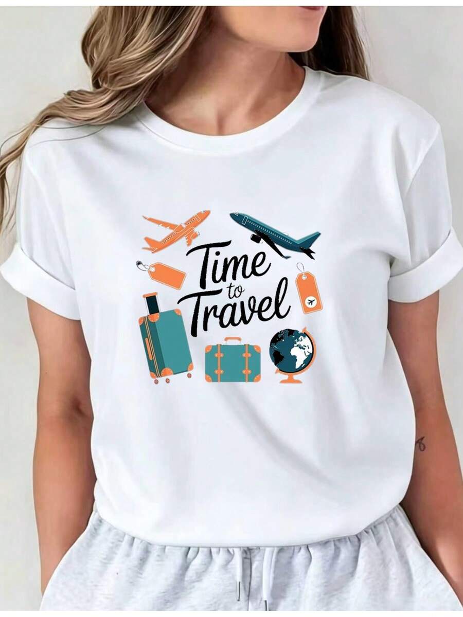 Limited Edition T-Shirt With Time Travel Print, Short Sleeve, Round Neck, Casual Top For Spring And Summer, I01 Women's Clothing, Comfortable And Casual Women's Clothing With Round Neck, Made Of Lightweight Cotton. - 白色 - 查看 1