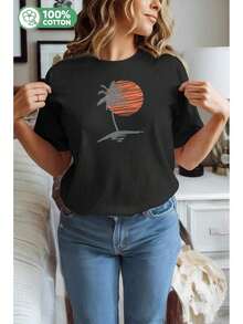 Men's And Women's Tropical Palm Tree And Sunset Print T-Shirt - Orange-Yellow Gradient, Loose Fit, Beach Vacation T-Shirt, Casual Everyday Wear And Tropical Getaways - Unisex T-Shirt - 黑色 - 查看 4