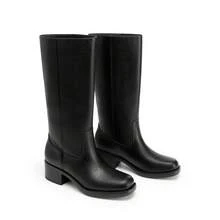 Women's Mid Calf Riding Boots Square Toe Retro Banana Boots Chunky Block Heel Pull-On Fashion Boots - Black - View 7