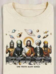 Impala Women's Vintage Space Theme Graphic T-Shirt - 210GSM Washed Cotton With Alien DJ Design For Parties - Black Retro Sci-Fi Tee For Concerts, Festivals, And Everyday Streetwear - Machine Washable Loose Fit Summer Top, Concert Wear, Unique Art, Durable Fabric, Statement Piece, For Music Lovers - Lightweight And Breathable - 杏 - 查看 1