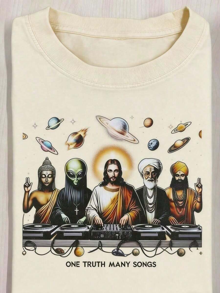 Impala Women's Vintage Space Theme Graphic T-Shirt - 210GSM Washed Cotton With Alien DJ Design For Parties - Black Retro Sci-Fi Tee For Concerts, Festivals, And Everyday Streetwear - Machine Washable Loose Fit Summer Top, Concert Wear, Unique Art, Durable Fabric, Statement Piece, For Music Lovers - Lightweight And Breathable - 杏 - 查看 1