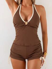 Women's Sleeveless Vest With Adjustable Drawstring Shorts, Sexy Jumpsuit. - 咖色 - 查看 1