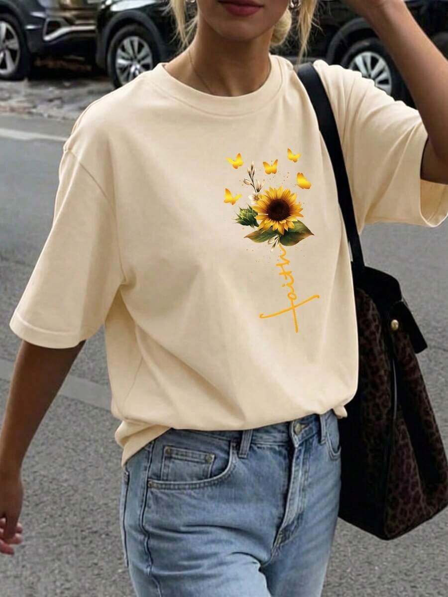 Under The Radar Women's Printed Short Sleeve T-Shirt For Summer, Polyester Fabric, Multifunctional Style, Regular Fit - Vintage Street Style Unisex Loose Cotton Short Sleeve Crew Neck T-Shirt - 杏色 - 查看 1