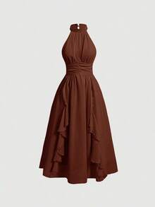MOD Vestido elegante de cuello halter con pliegues y ribete de volantes para mujer - Marrón Mocha - Ver 5