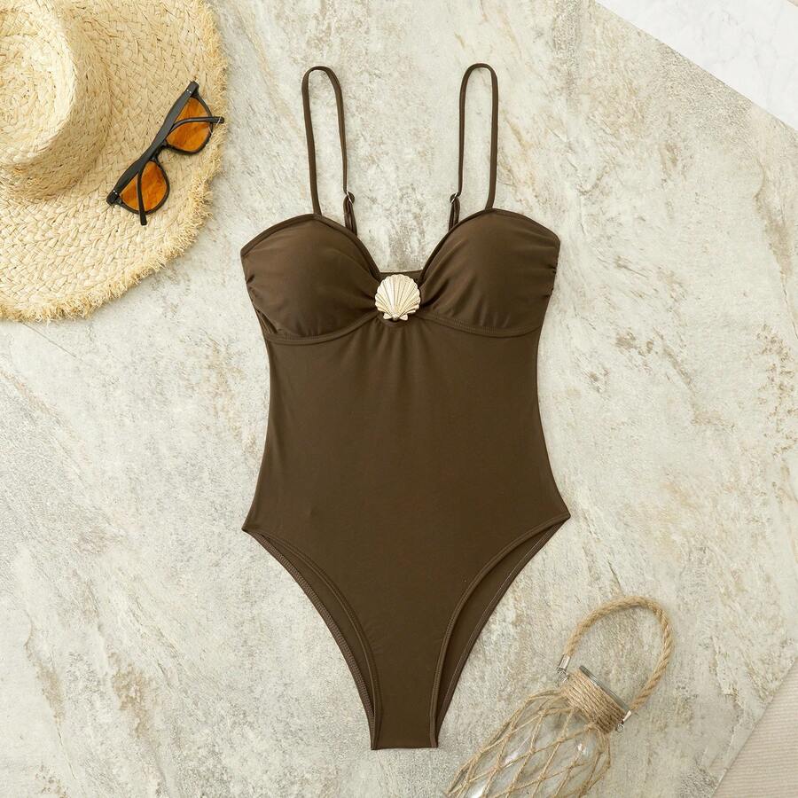 Women's Metallic One-Piece Swimsuit, New 2026 - Coffee Brown - View 1