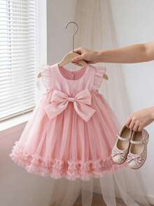 Vestido de princesa para niña pequeña de verano, unicolor elegante para fiesta, boda, vestido de invitada, vestido pomposo sin mangas con decoración de mariposa y contraste de malla para niña pequeña - Rosa - Ver 3