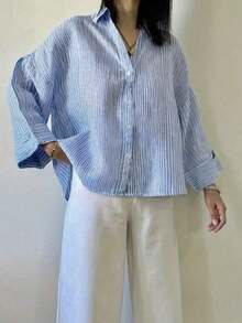 Camisa de mujer de poliéster a rayas con hombros caídos, manga larga, cuello, diseño con botones delanteros, longitud regular, tela sin estiramiento - Azul - Ver 2
