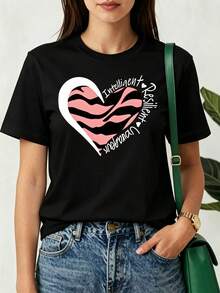 Camiseta Casual de Manga Corta con Cuello Redondo para Mujer, Diseño de Corazón con Patrón de Texto Inteligente y Resistente, Top Cómodo para Uso Diario - Negro - Ver 1