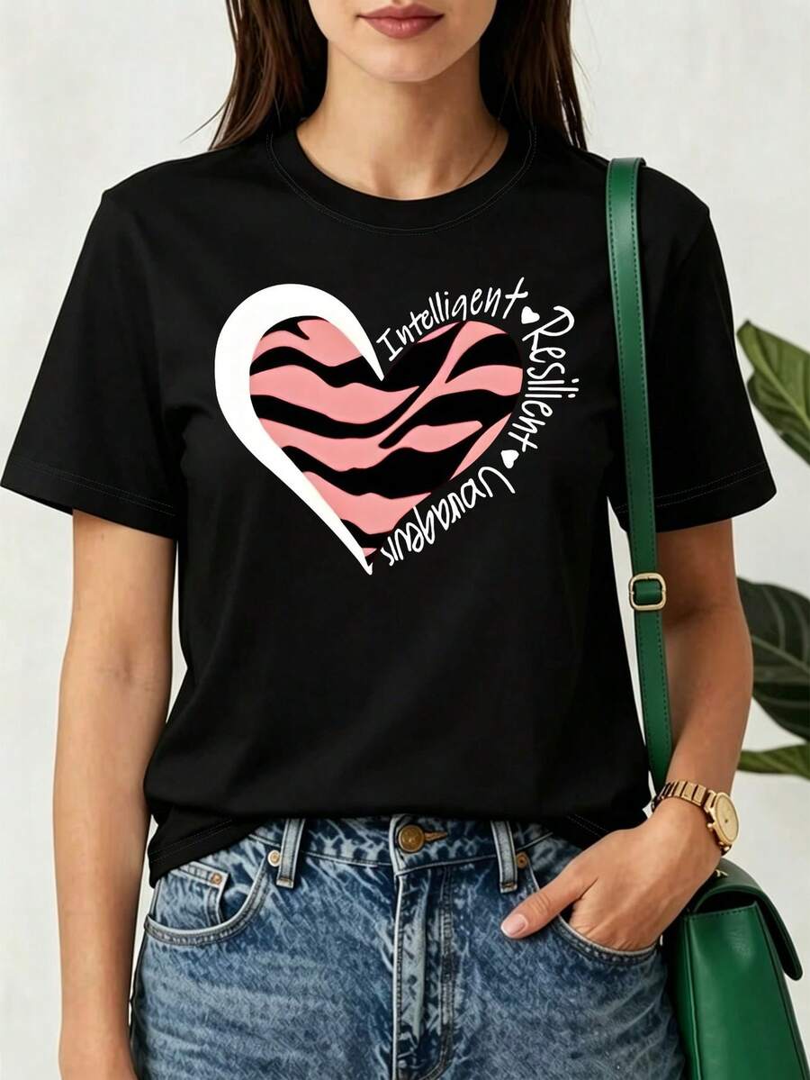 Camiseta Casual de Manga Corta con Cuello Redondo para Mujer, Diseño de Corazón con Patrón de Texto Inteligente y Resistente, Top Cómodo para Uso Diario - Negro - Ver 1