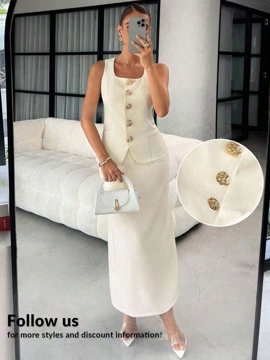 Conjunto de dos piezas de mujer para uso diario, atuendo para el Día de la Madre, atuendo de verano para mujeres, atuendo de iglesia para mujeres, vestido de graduación, ropa de verano de color amarillo mantequilla "old money", conjunto de dos piezas de verano para mujeres, chaleco y faldas con estampado floral, conjunto de dos piezas de mujer para uso diario, atuendos de verano para mujeres, atuendos de oficina casual elegantes para mujeres, atuendo de estilo "old money" para mujeres, conjunto de dos piezas de verano casual elegante para mujeres, atuendos de oficina para maestras - Albaricoque - Ver 1