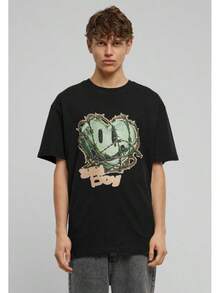 Unisex Short-Sleeve T-Shirt,Schwarzes Baumwoll-T-Shirt mit einem grafischen Design eines gr￼nen -Gesichts, das mit Stacheldraht umwunden ist, und den Worten "sad boy" in hellbeige., Weiche Baumwolle, Lässige Alltagskleidung, Baumwoll-T-Shirt, Sommer, Y2K-Stil, , Vatertag, 2000er-Stil, Sommer-Oberteile, Leichtgewicht, Atmungsaktiver Stoff, Outdoor-Spaß, Reisen & Ausflüge, Festival-Stil, Weich & Leicht, Sommerurlaub, Freizeitkleidung - Schwarz - Übersicht 1