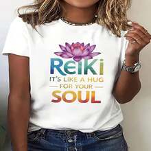 1 pieza clásica y versátil, camiseta de manga corta de algodón puro con dise?o de loto morado para mujeres, ideal para usar en todas las estaciones. Estilo moderno - Blanco - Ver 2