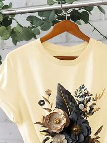 Women's Custom Printed Short Sleeve T-Shirt - Green And Gold Design, Round Neck, Casual Style, Breathable For Spring And Summer, Machine Washable, Regular Fit, Soft Texture - Unisex Loose Fit Cotton Short Sleeve Round Neck T-Shirt, Urban Vintage Style. - 杏色 - 查看 3
