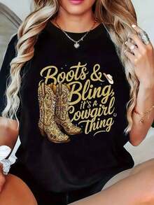 ropa de mujer Camiseta Gr£fica de Vaquera Occidental para Mujer - Manga Corta Cuello Redondo, Estampado "Botas y Brillos", Dise o Dorado con Detalles Brillantes, Ideal para Primavera y Verano, Ropa Casual con Estampado Divertido y Detalles Brillantes camisas de mujer - Negro - Ver 2
