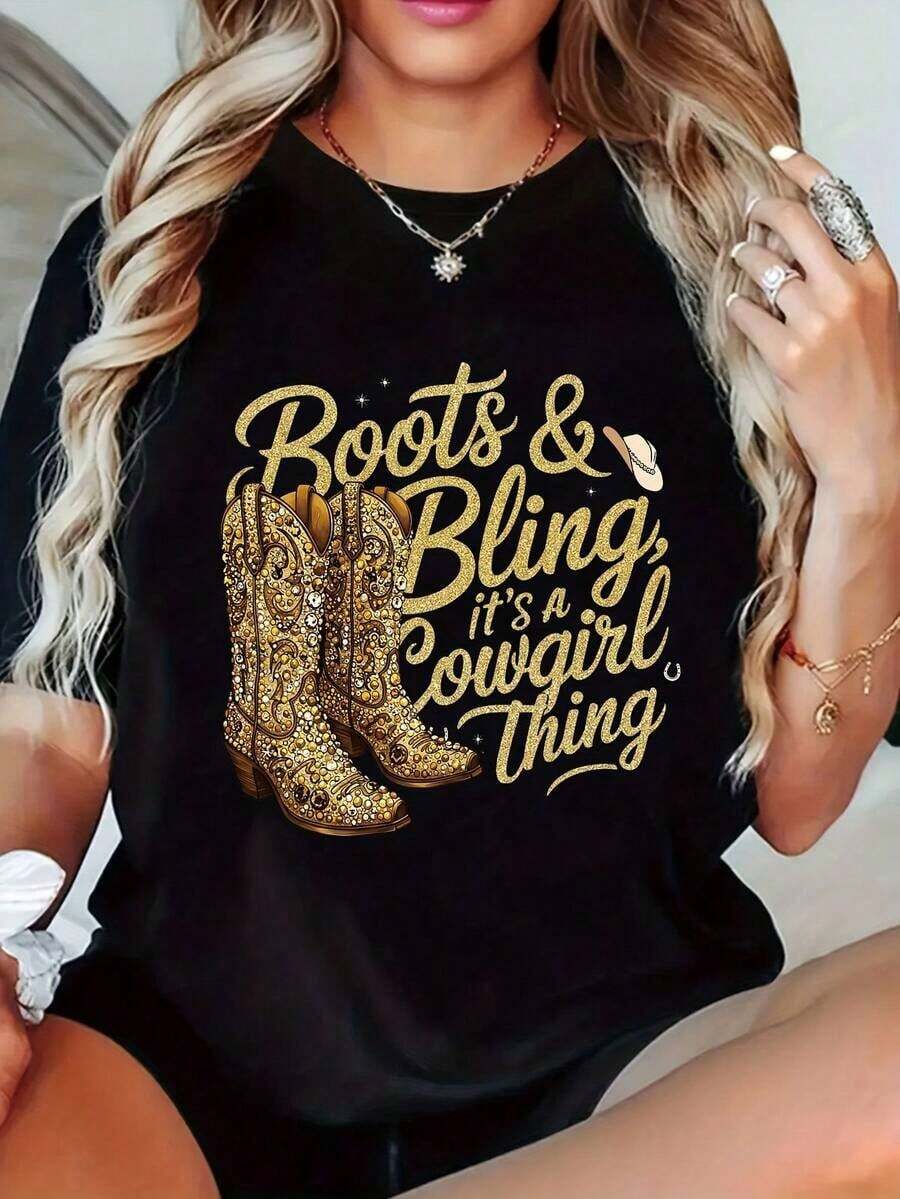 ropa de mujer  Camiseta Gr£fica de Vaquera Occidental para Mujer - Manga Corta Cuello Redondo, Estampado "Botas y Brillos", Dise ￱ o Dorado con Detalles Brillantes, Ideal para Primavera y Verano, Ropa Casual con Estampado Divertido y Detalles Brillantes  camisas de mujer