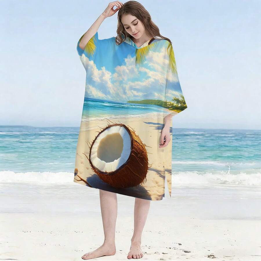 一件热带椰子印花沙滩连帽衫，以蓝天、白沙和摇曳的棕榈叶为背景，饰以鲜艳的椰子图案，捕捉夏日海滩度假的清新活力氛围。速干印花冲浪披肩毛巾。