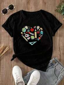 VintageCamisa con estampado de letras para mujer Camiseta casual suelta con estampado gráfico Camiseta de moda casualGraphic Tee - Negro - Ver 1