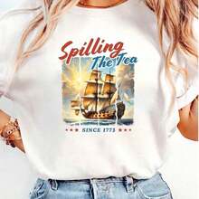Spilling Tea Since 1773 Camisetas de Mujer con Estampado de Barco, Camisetas Gráficas Divertidas, Tops Casuales - Estilo Urbano Vintage, Unisex, de Algodón, Manga Corta, Cuello Redondo - Blanco - Ver 7