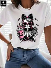 ropa de mujer PAYEAH 1 pieza 100% Algodón Camiseta de Halloween con diseño de esqueleto y calavera, color café, para la temporada de terror, regalo de Acción de Gracias, camiseta de algodón grueso, camisas de mujer - Blanco - Ver 2