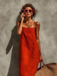 Verano De Las Mujeres 2026 Nuevo Vestido Largo Estilo Rojo Sin Tirantes Para Las Vacaciones, Vestido De Lino De Color Puro Para Las Mujeres - Rojo - Ver 4
