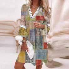 Vestido de mujer colorido con estampado boho, escote en V con volantes, mangas largas elásticas, corte holgado cómodo ideal para primavera y verano, estilo hippie casual perfecto para fiestas, vacaciones en la playa y eventos al aire libre - Multicolor - Ver 10