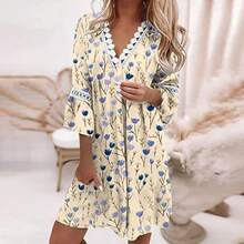 Vestido de mujer colorido con estampado boho, escote en V con volantes, mangas largas elásticas, corte holgado cómodo ideal para primavera y verano, estilo hippie casual perfecto para fiestas, vacaciones en la playa y eventos al aire libre - Champán - Ver 8