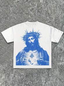 Camiseta 100% algodón, estilo Y2K, con una figura de Jesucristo azul con una corona de espinas y un patrón de corazón radiante sobre una camiseta blanca, estilo casual de hip-hop urbano, un gran regalo para familiares y amigos. - Blanco - Ver 8