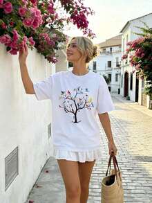 Moda Primavera/Verano, Camiseta de Manga Corta para Mujer con Diseño Estampado.Top holgado, dulce y lindo para mujer, estilo verano/primavera, con un diseño elegante y sencillo, adecuado para el uso diario.Corte holgado, ligero y cómodo, estilo relajado, vintage Y2K, casual para vacaciones, ropa de verano para mujeres, ropa de vacaciones para mujeres, transpirable y cómoda. - Blanco - Ver 10