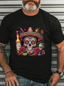 Men's Mexican Skeleton Graphic T-Shirt - Vibrant Day Of The Dead Design With Hat, Maracas And Floral Patterns, Casual Adult Short Sleeve T-Shirt, Mexican Tee (Open In A New Tab). - 黑色 - 查看 1