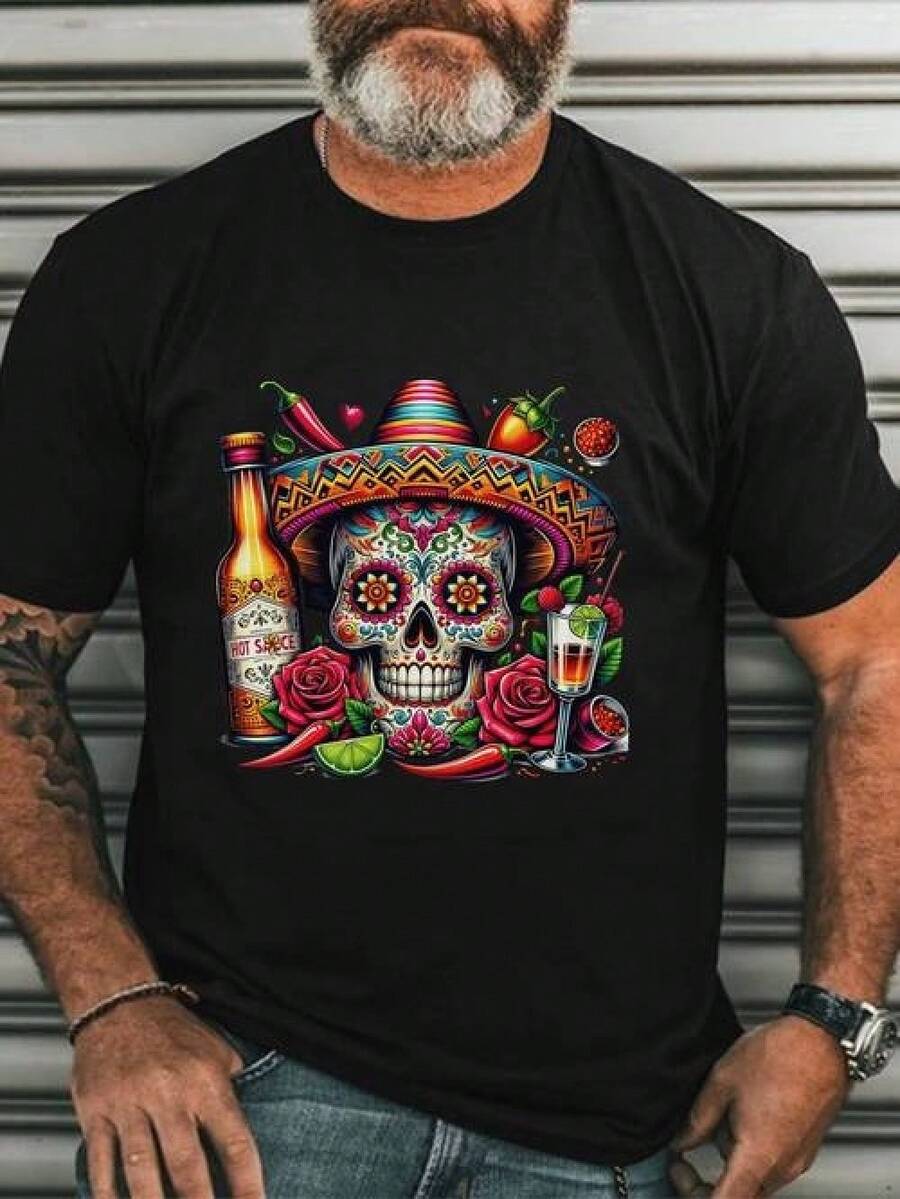Men's Mexican Skeleton Graphic T-Shirt - Vibrant Day Of The Dead Design With Hat, Maracas And Floral Patterns, Casual Adult Short Sleeve T-Shirt, Mexican Tee (Open In A New Tab). - 黑色 - 查看 1