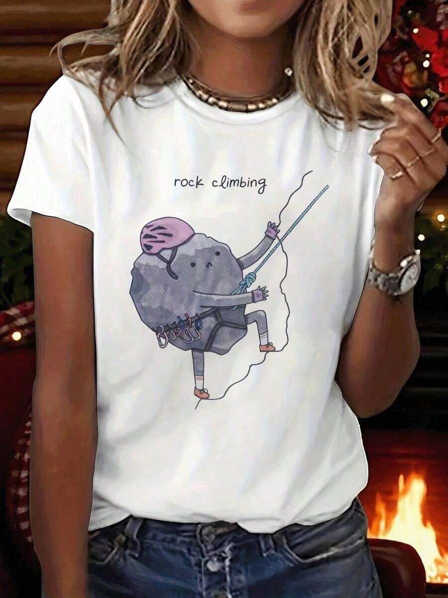 Loose1 pieza clásica y versátil, camiseta corta de algodón puro con mangas cortas, dise?o estampado temático para escalada de mujer, estilo modernoBasic Crew Neck Cotton T-shirt for Women - Blanco - Ver 1
