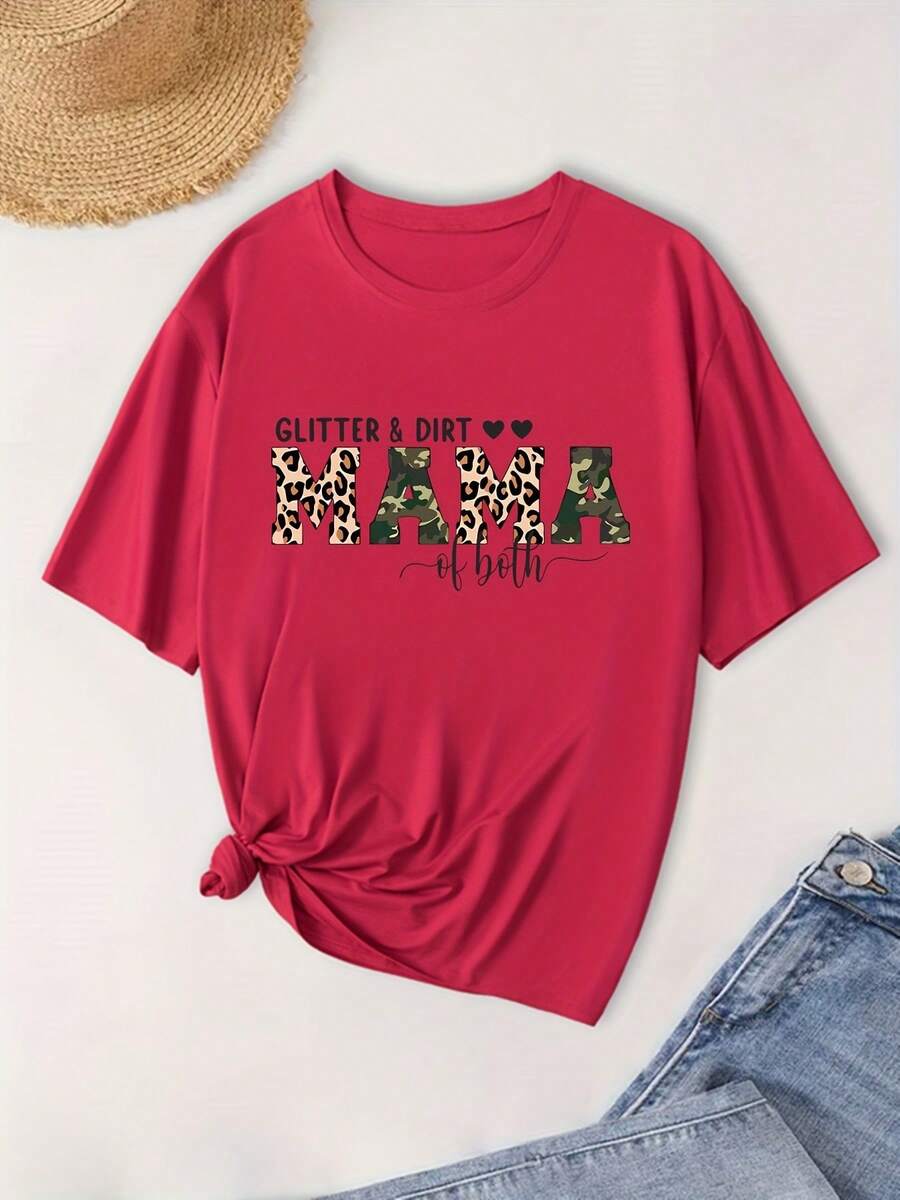 Camiseta de moda de talla grande, manga corta, con letras brillantes y cuello redondo. - Rojo - Ver 1