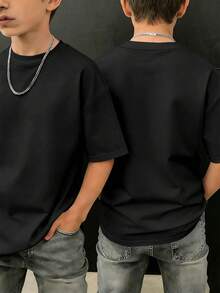 Tween Boy Cool And Fashionable Solid Color Short Sleeve Round Neck T-Shirt - Black - View 10