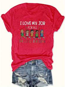 Plus Size - Plus Size Women'S Casual Crew Neck T-Shirt - "I Love My Job" Graphic Tee with Colorful Cartoon Characters, Short Sleeve, Lightweight & Breathable Fabric for Spring & Summer, Casual Wear | Playful Graphic Tee | Comfortable Fit - Rojo - Ver 6